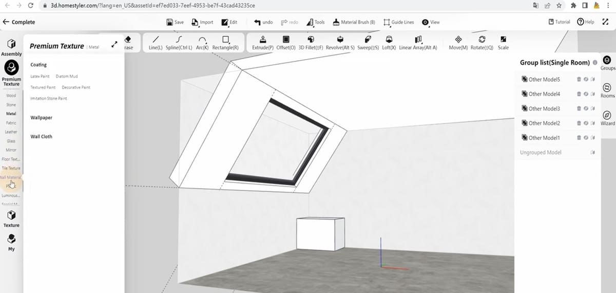 An interior sloping roof created with Homestyler V4.0
