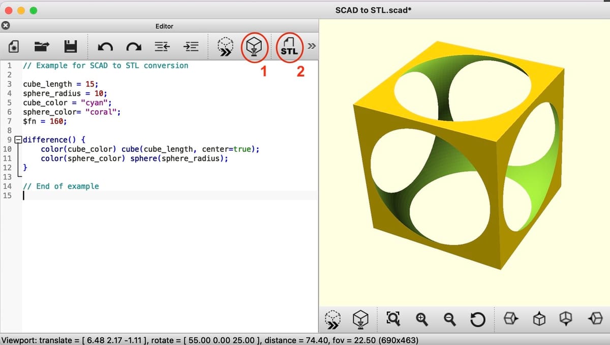 A rendered SCAD file prior to exporting it as an STL