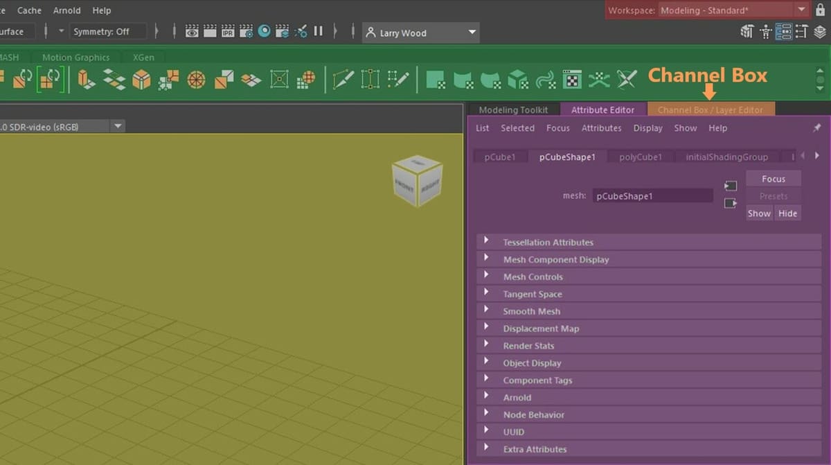The Channel Box and Attribute Editor each have tabs in the same panel