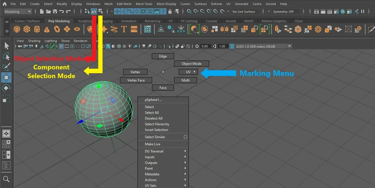 This is the marking menu that shows the different selection modes