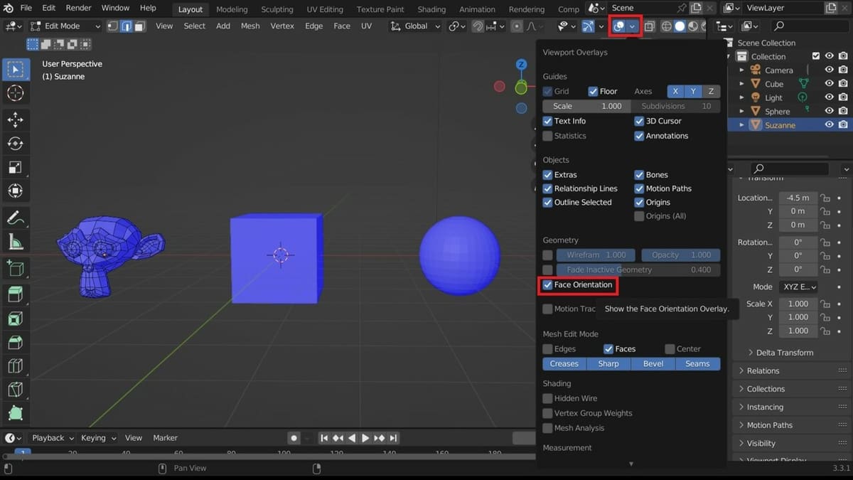 Objects with correct normals, exterior faces rendered blue