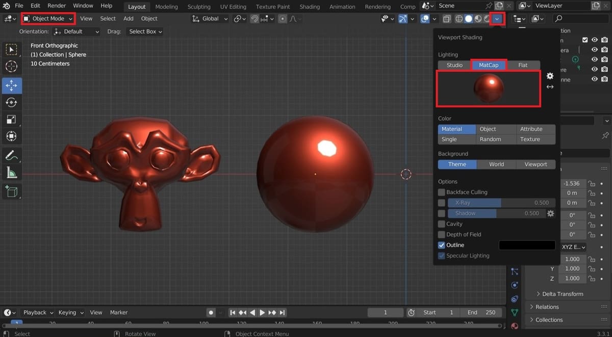 Objects with Matcap applied and rendered with Shade Smooth to show shading