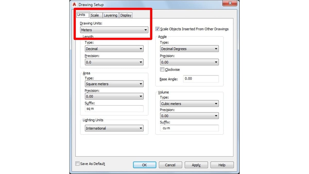 Unit specification window in AutoCAD