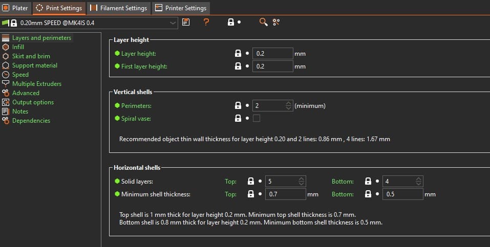 A few of the layer and perimeter settings under 