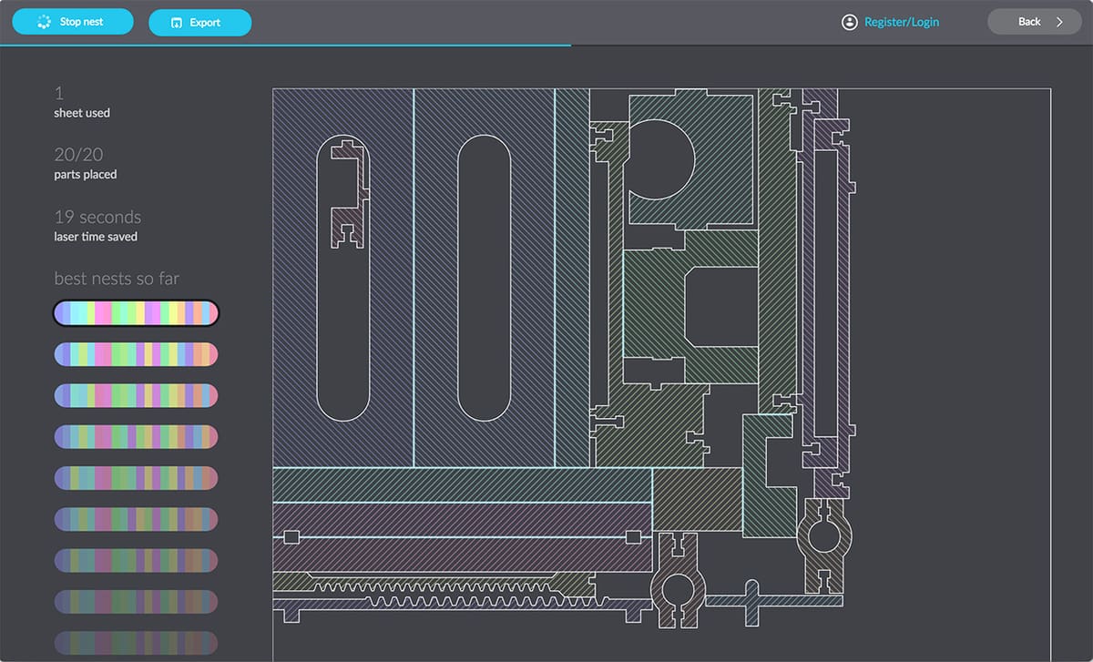 Deepnest showing some embedded nesting of parts
