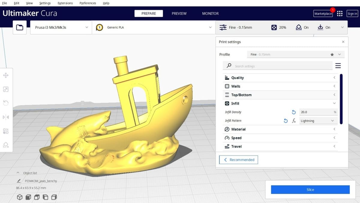 A print being prepared with Cura