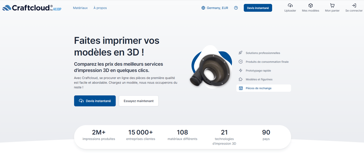 La procédure est très simple : uploadez un fichier, sélectionnez les matériaux et choisissez la fabricant.