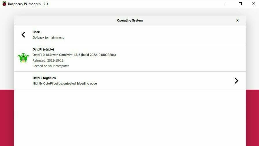 Use the Raspberry Pi Imager to install OctoPi on your SD card