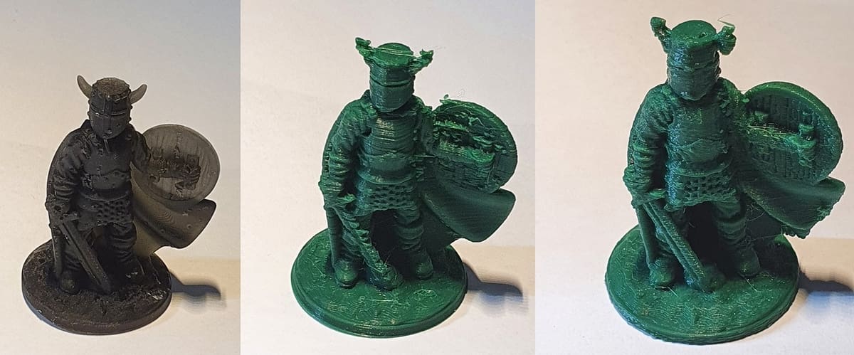 Resin (left), 0.4-mm nozzle PLA (center), 0.6-mm nozzle PLA (right)