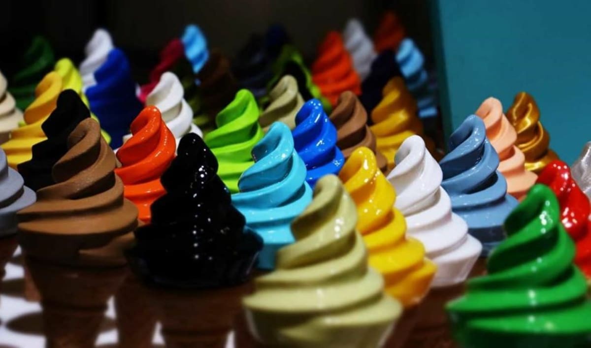 A 3D printed ice cream table displaying 114 color combinations