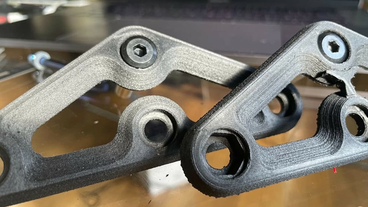 A Polymaker PA6-CF print (left), with smoother results