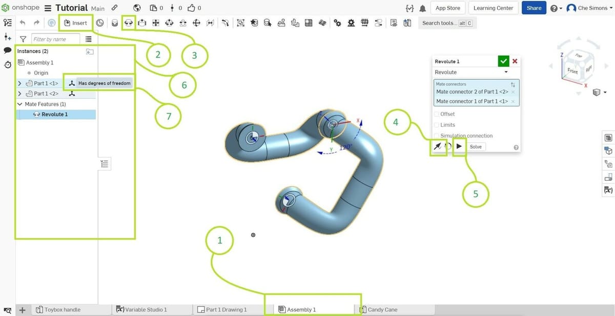Two handles pinned together as an assembly in Onshape