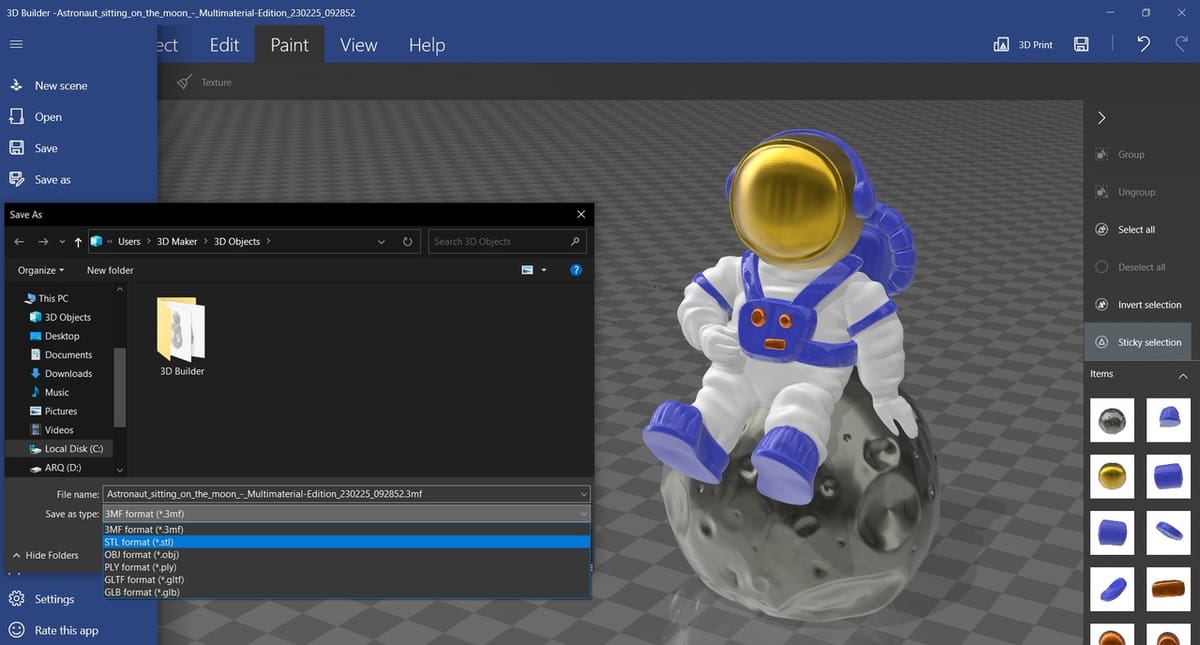 With 3D Builder you can easily drag, drop and save in STL!