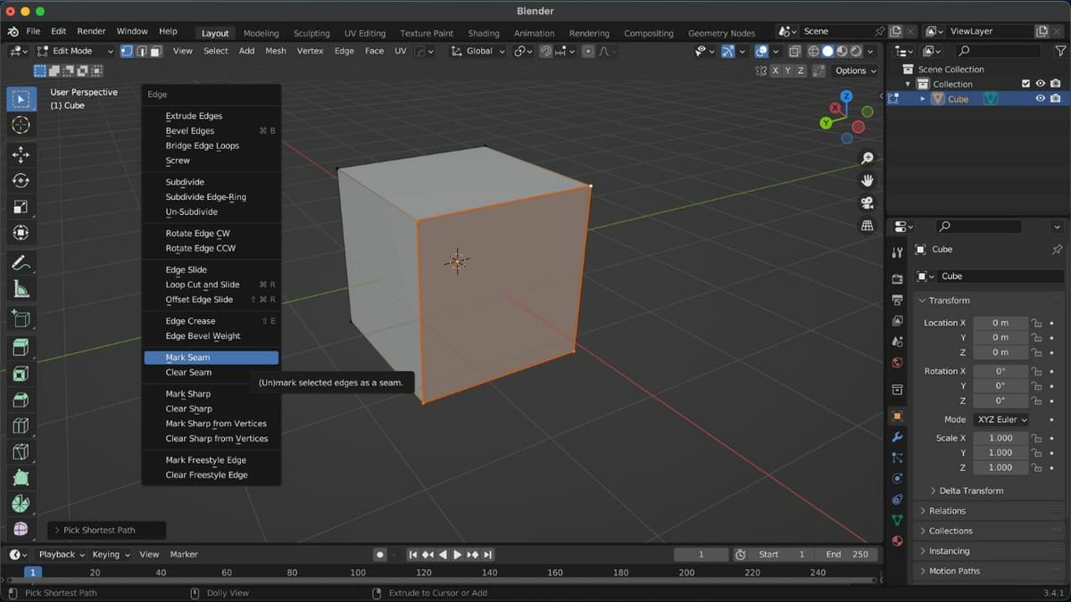 Make sure to select the object (Press A) or the marked seam (Alt + Click) before clearing the seam