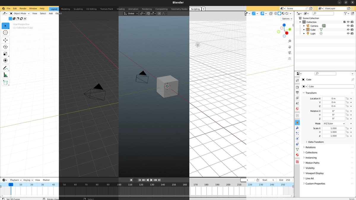 A few different theme presets available in Blender