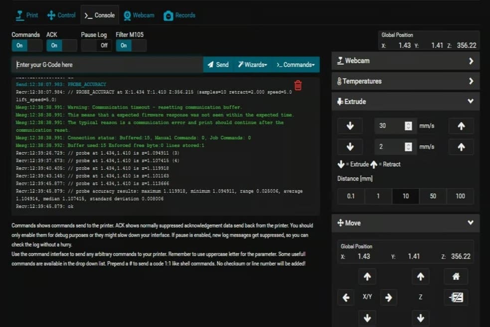 Probe accuracy can be checked with the PROBE_ACCURACY command