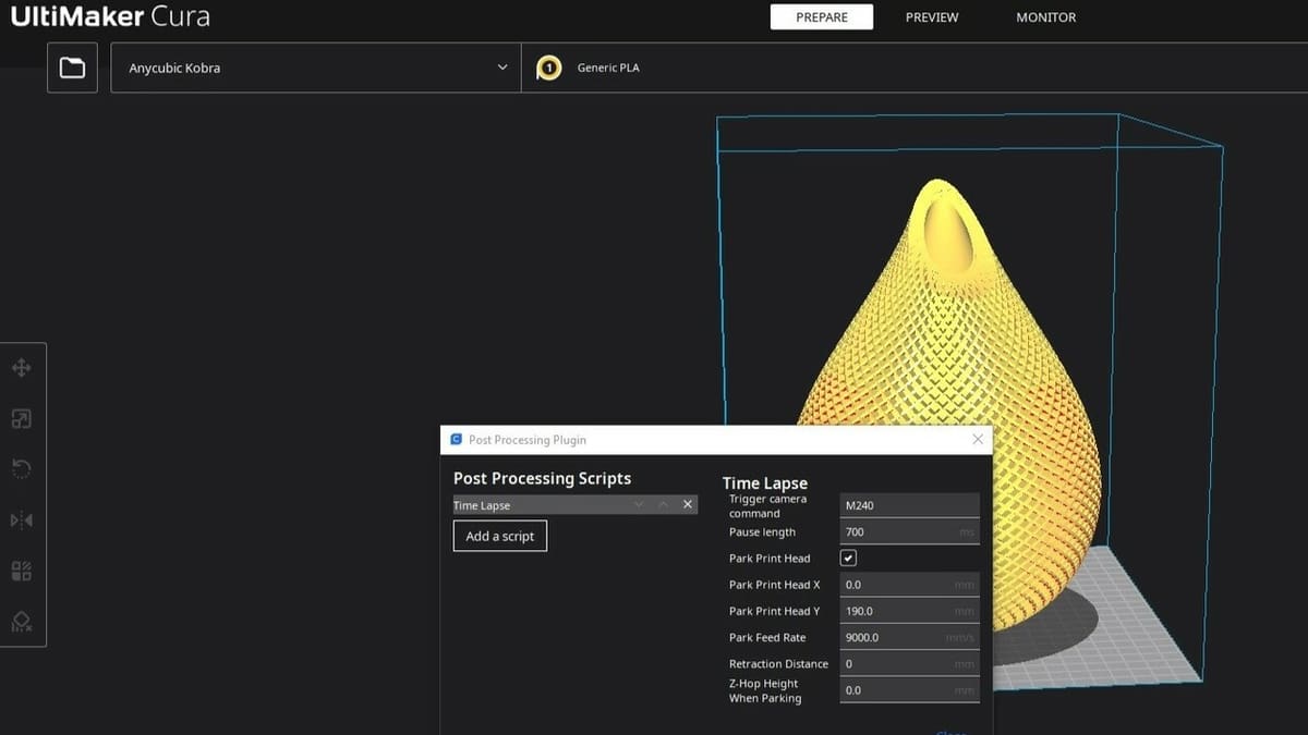Configuring the G-code with the Cura Time Lapse addon