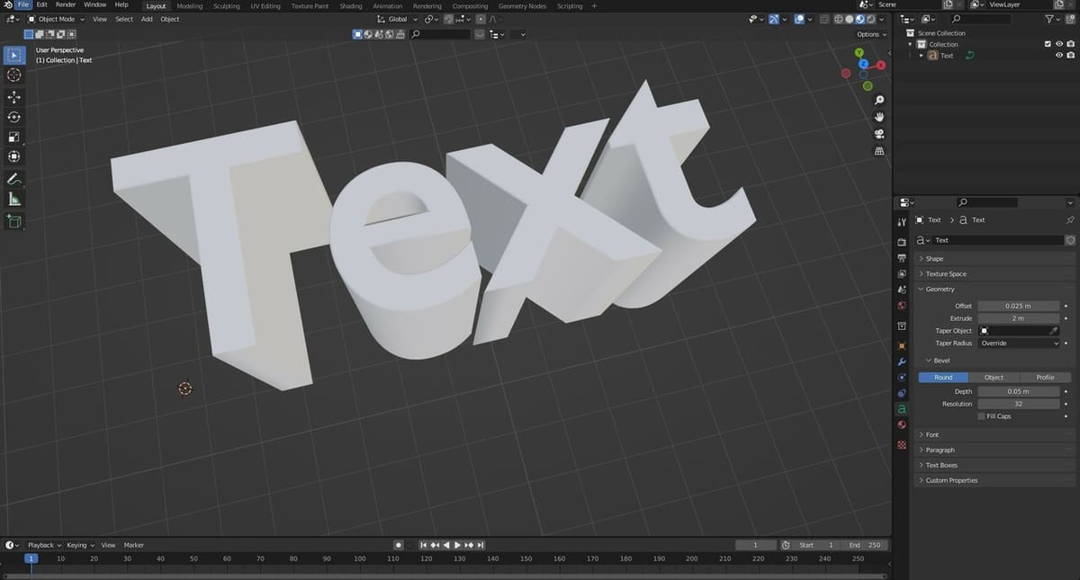 This text object has bevel, extrude, and offset applied to it