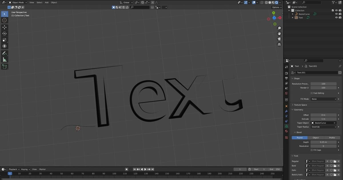 Non-extruded text in Blender can be tapered using a Bezier curve as well