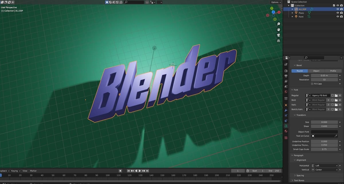The size, font, and shear values have been adjusted for this text object