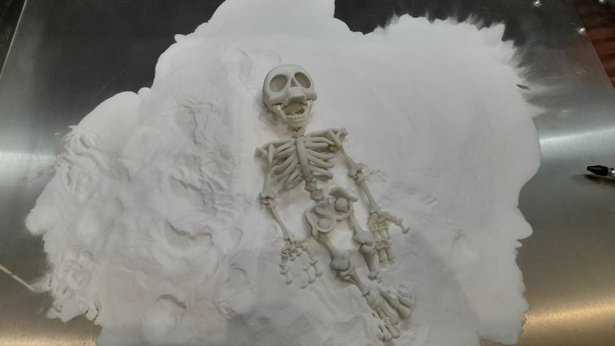 An SLS print surrounded by powder