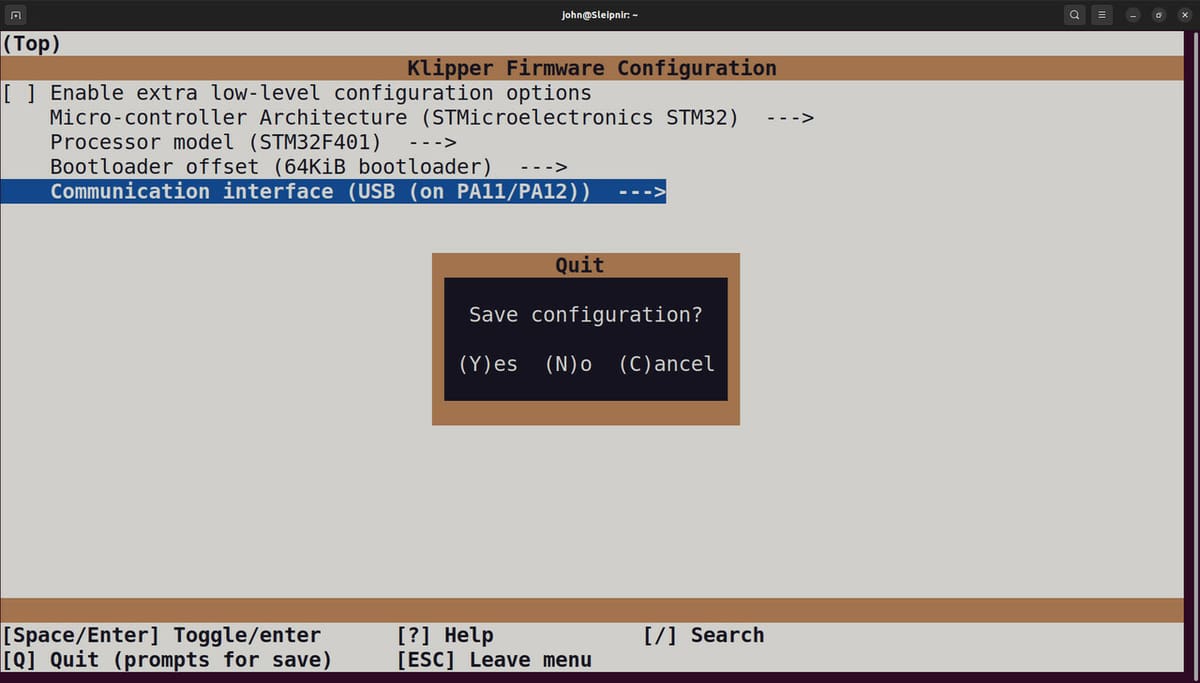 The menuconfig interface with settings for STM32F401 loaded