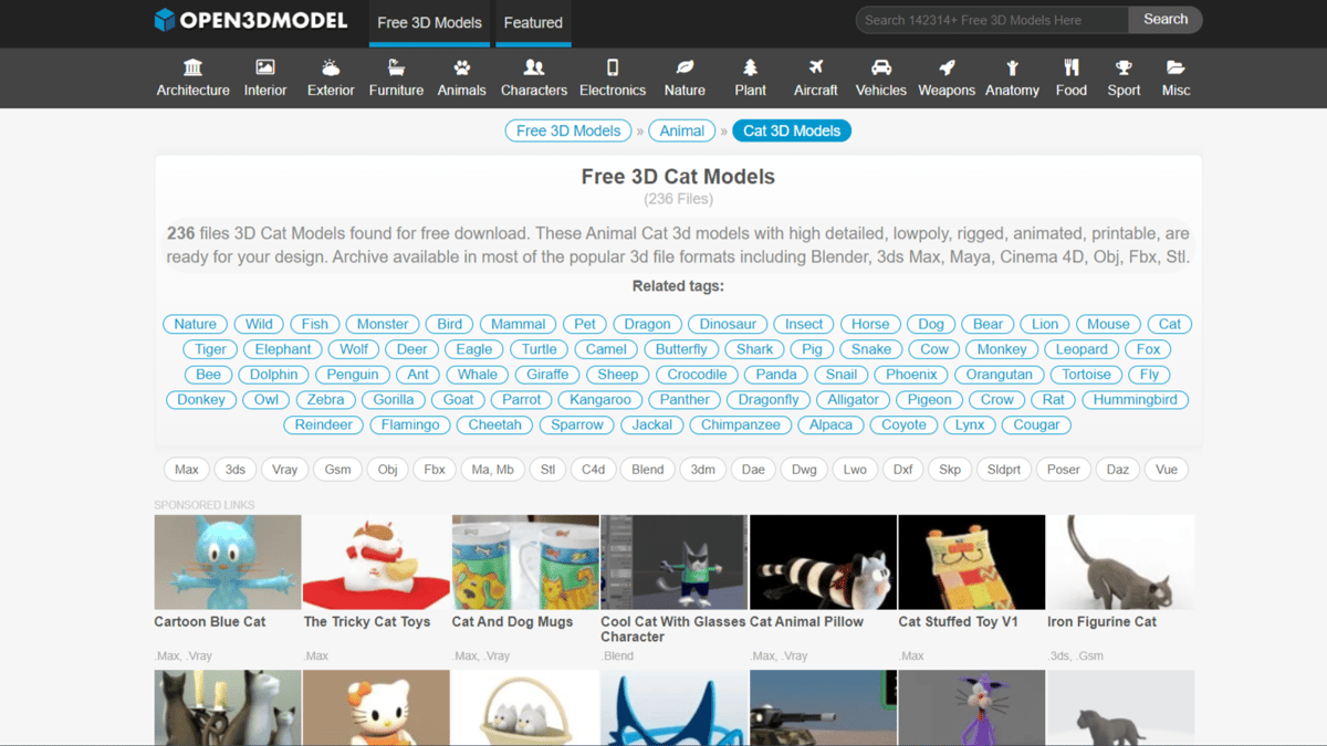 Search for cat 3D models using the category filter