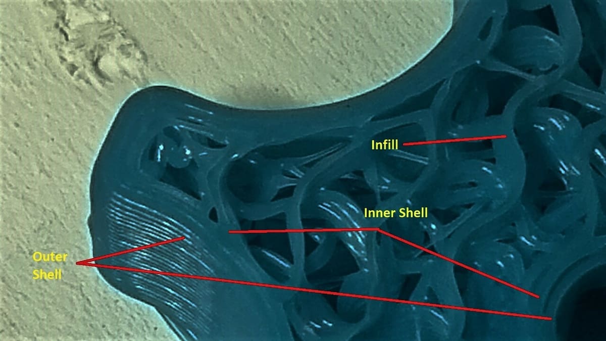 A close-up showing inner and outer walls as well as infill