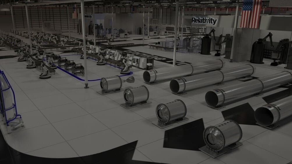 A rendering of the Relativity Space factory floor, complete with advanced 3D printers