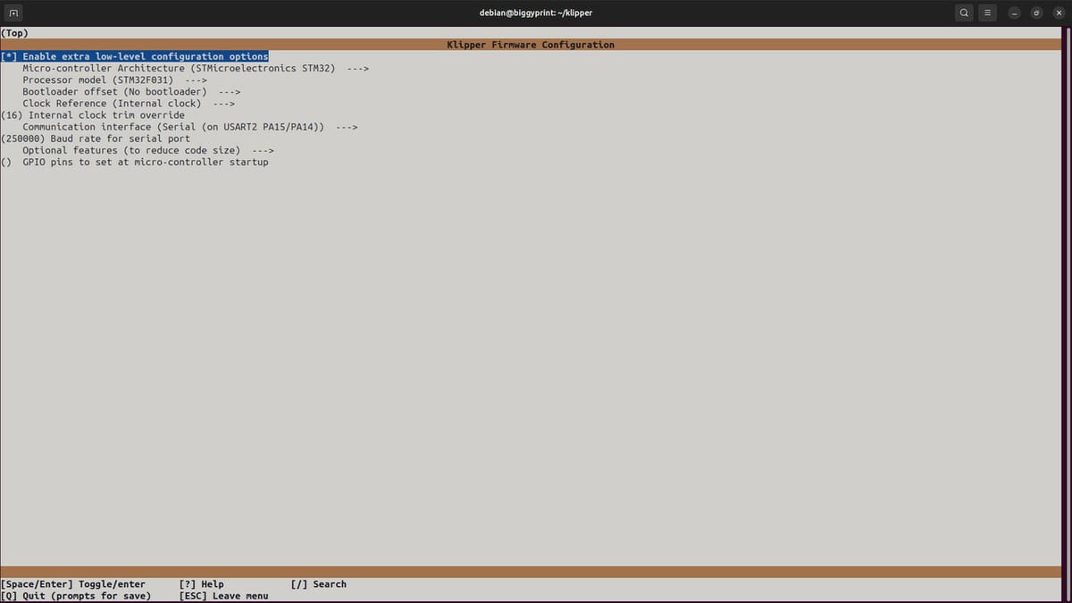 Klipper's text-based menu configuration