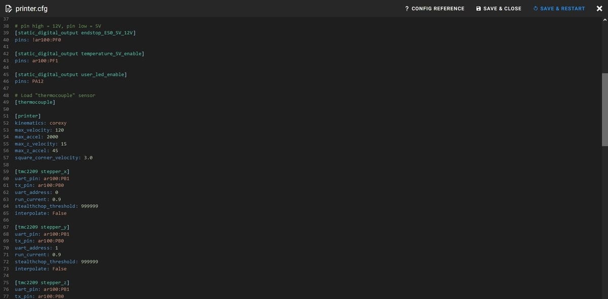 The Klipper Configuration editor in Mainsail