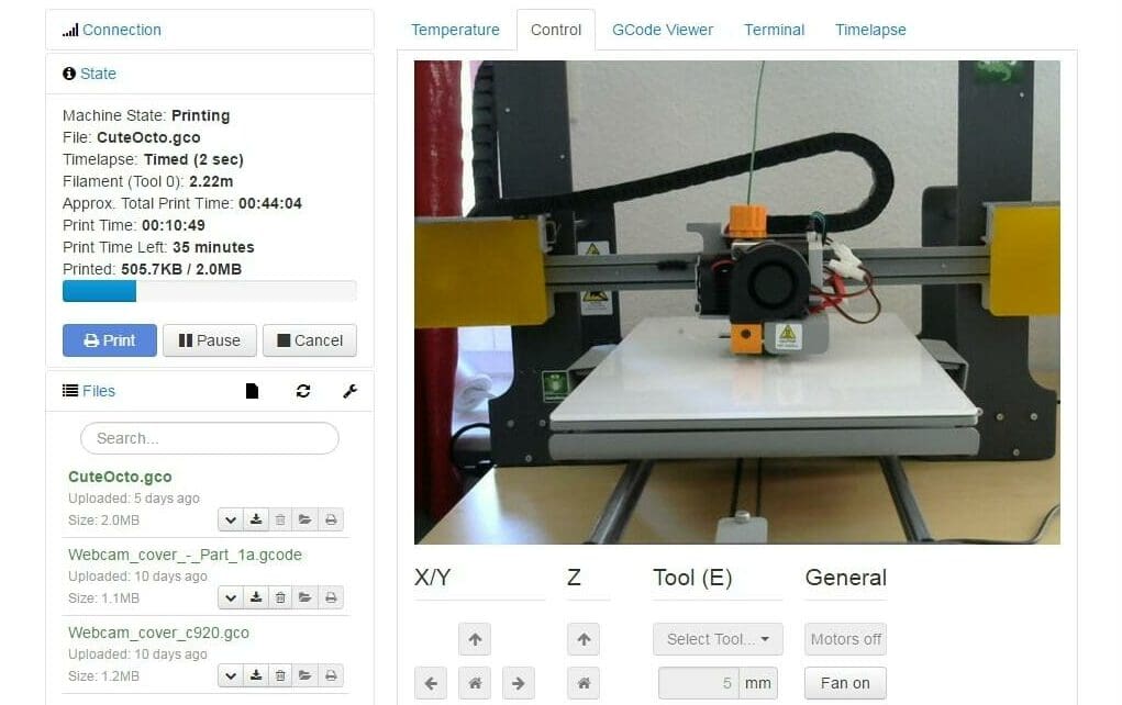 OctoPrint provides a rich interface for remote control and monitoring of 3D printers