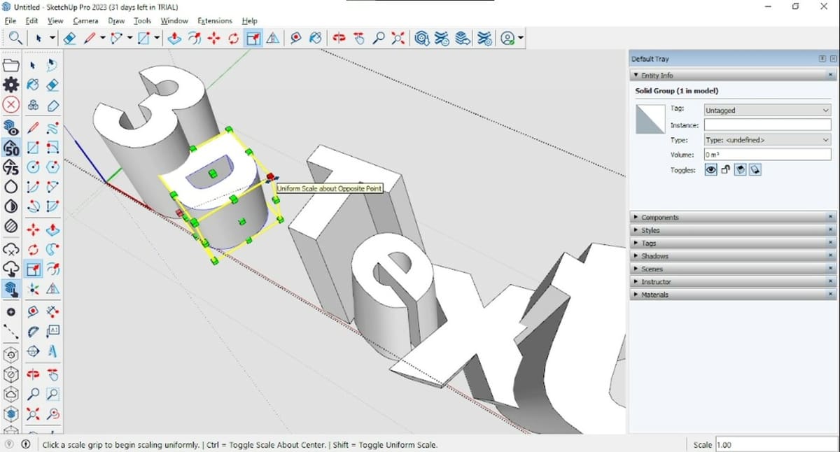 With the Scale tool, you can either set the size of the whole text or single letters