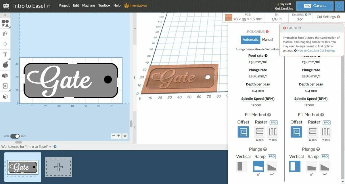 An Easel project showing cut settings and previews