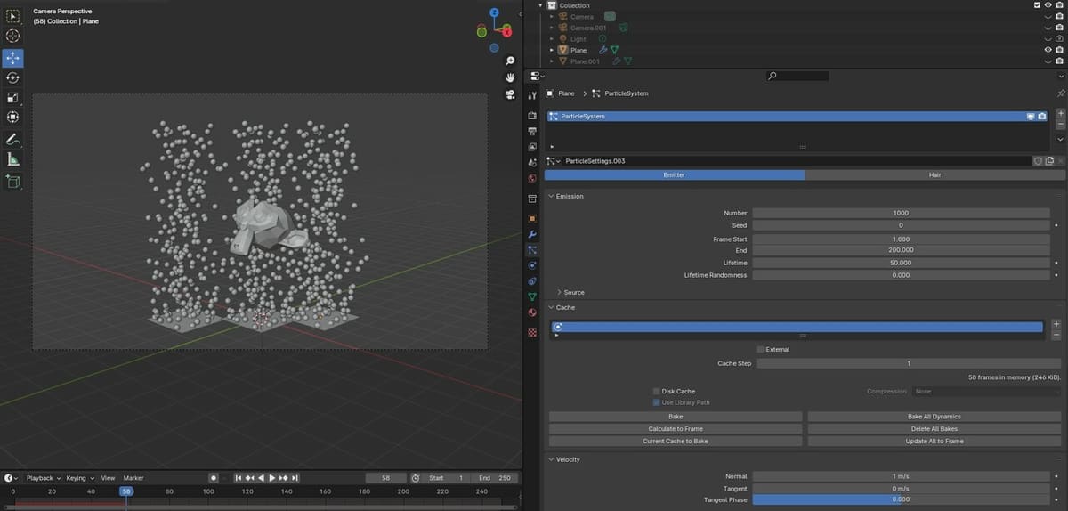 Particle settings menu inside the Blender