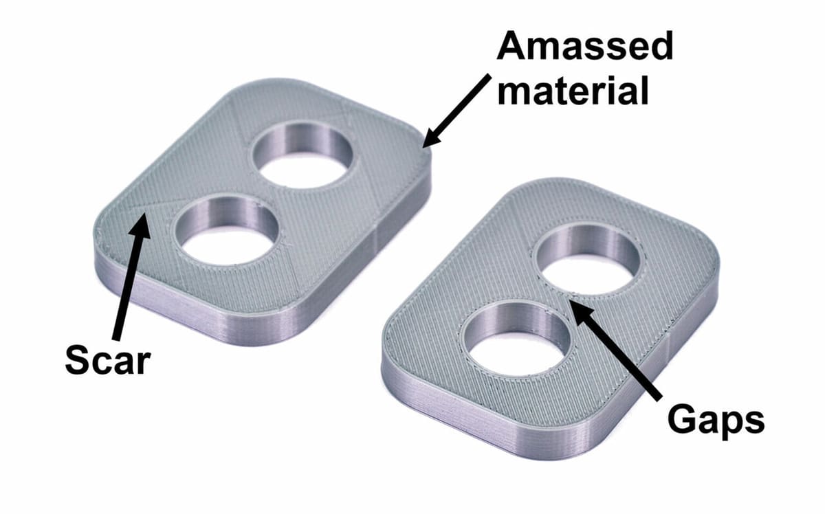 An over-extruded (left) and under-extruded (right) print