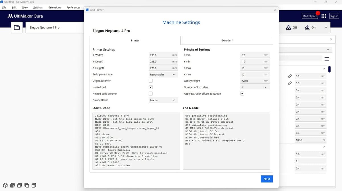 Machine settings for the Neptune 4 Pro