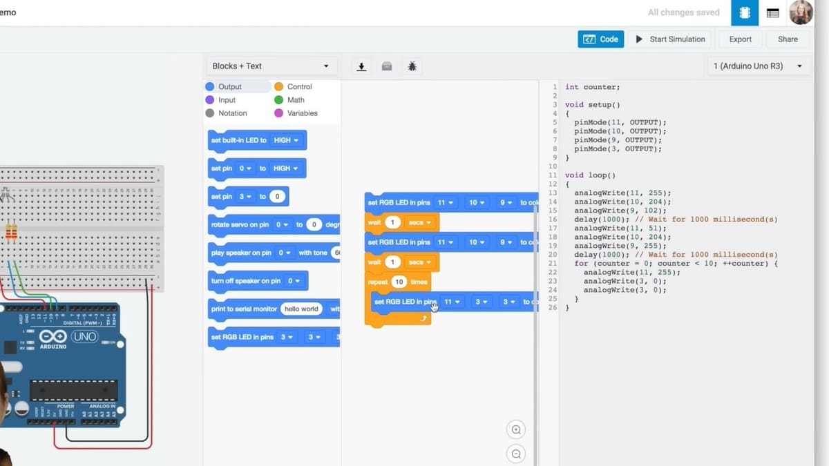 Learn Arduino with Tinkercad Circuits for tips on building the physical circuit too!