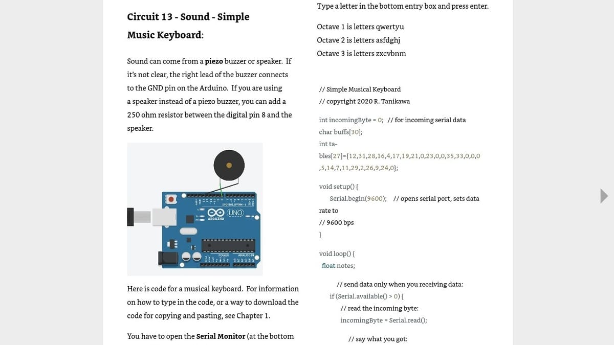 Tinkercad Circuits and Arduino e-book shows code examples