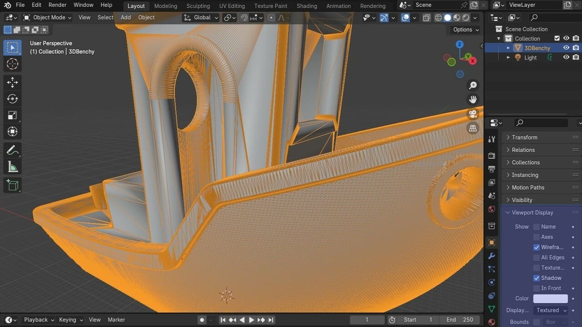 Benchy, as seen in Wireframe display
