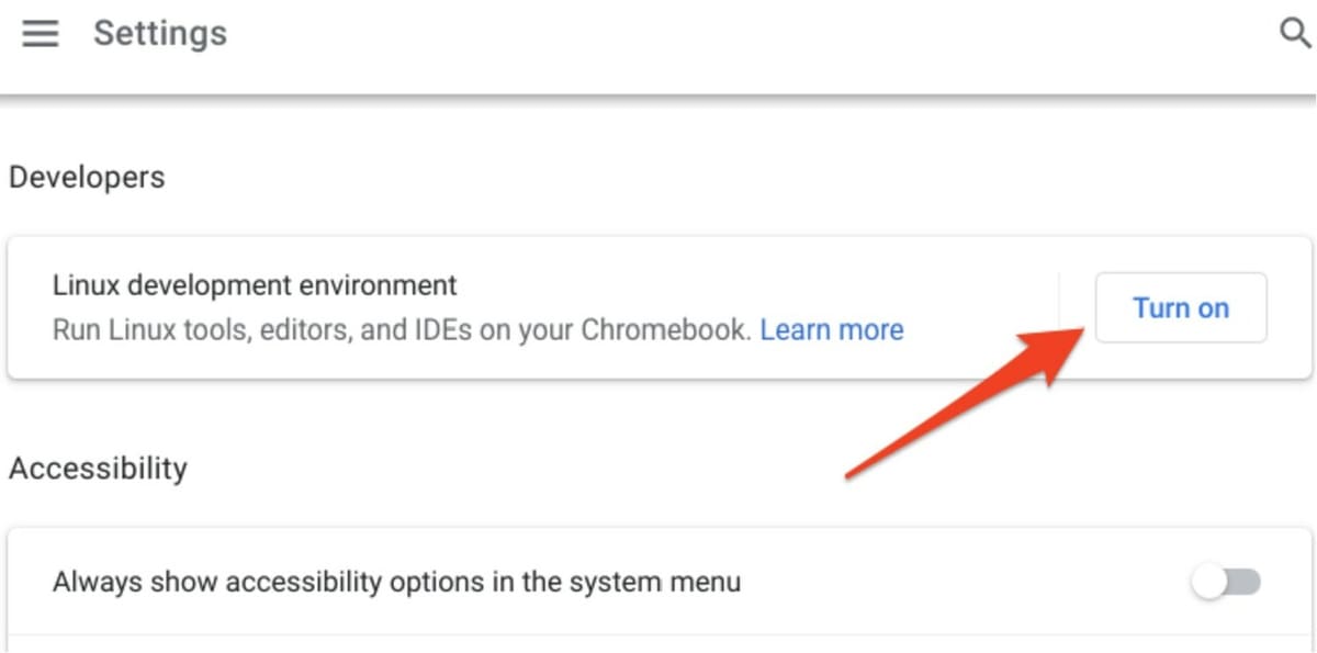 Turn on the Linux development environment to start
