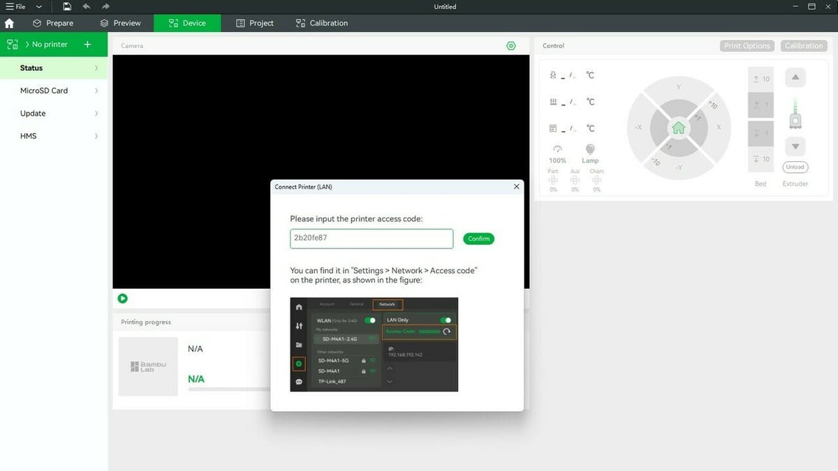 Bambu Studio will request an access code from the printer in order to connect