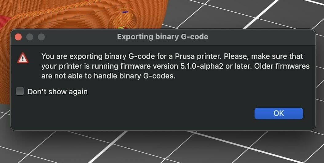 PrusaSlicer warns that printers below firmware 5.1.0 will be unable to handle binary G-code