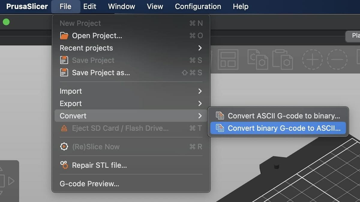PrusaSlicer makes it easy to convert between traditional and binary G-codes