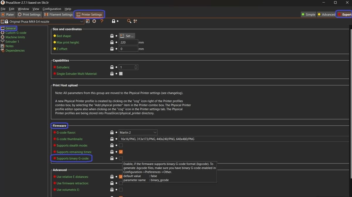 Binary G-code support can be disabled for each printer model