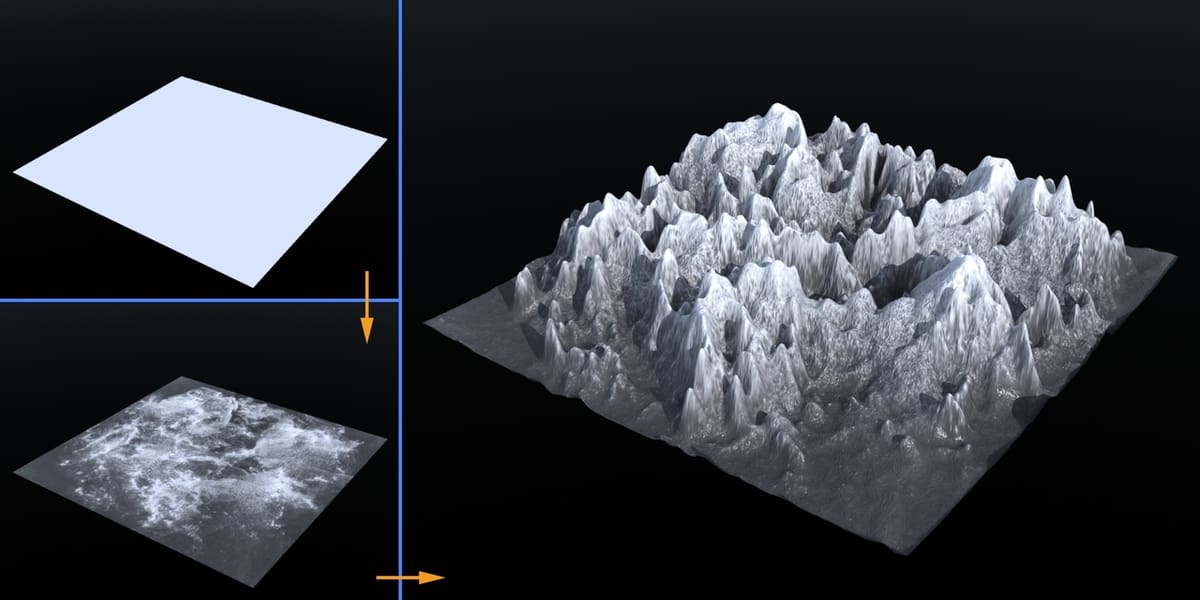 A flat plane turning into a height map and then a render of it