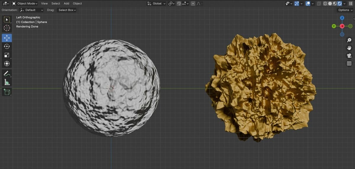 Blender render view showing two spheres with different displacement maps