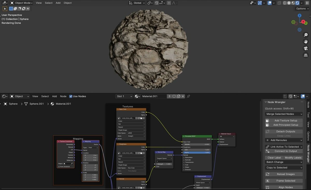 Blender's render view and shader editor of a rock texture applied to a sphere