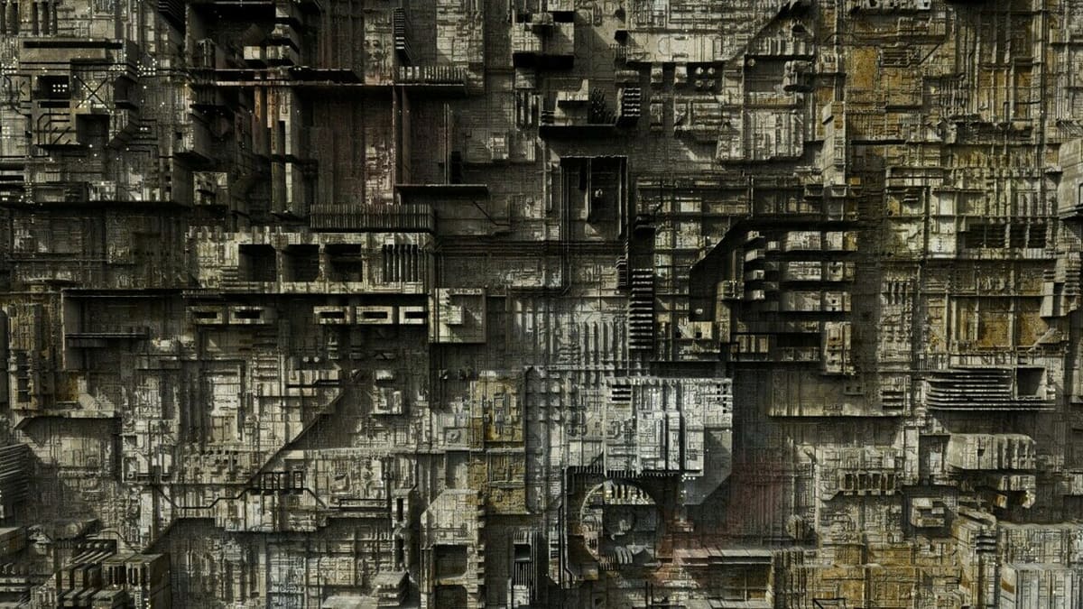Vertical render showing a factory-like landscape texture made from a displacement map