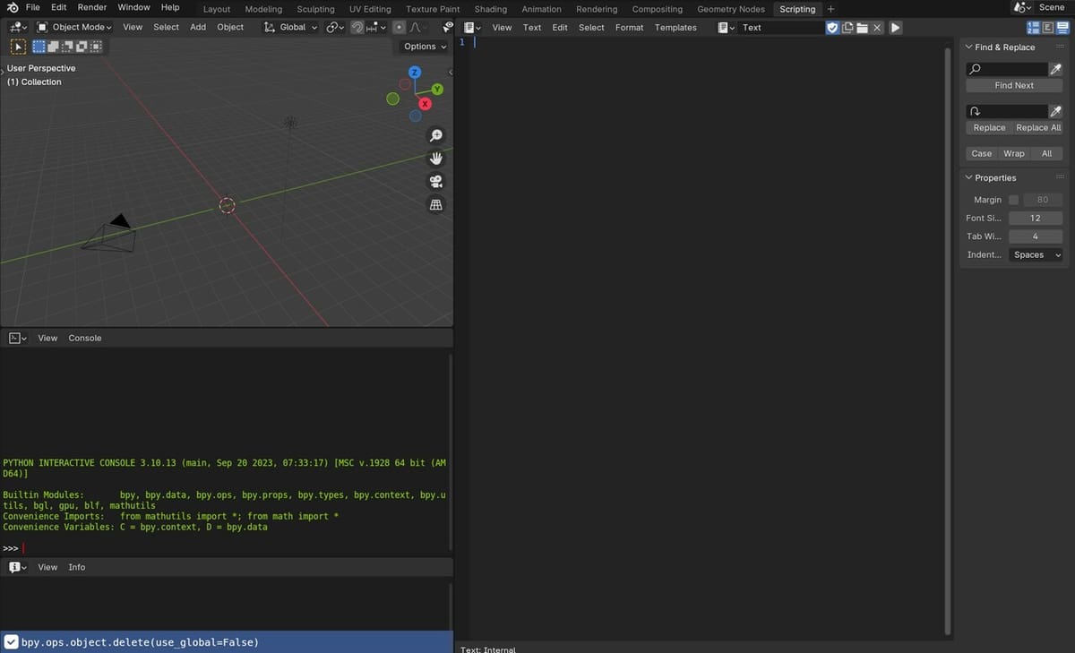 Blender's Scripting workspace is a fresh slate